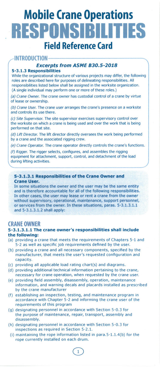 Mobile Crane Operations Responsibilities Card (ASME B30.5)