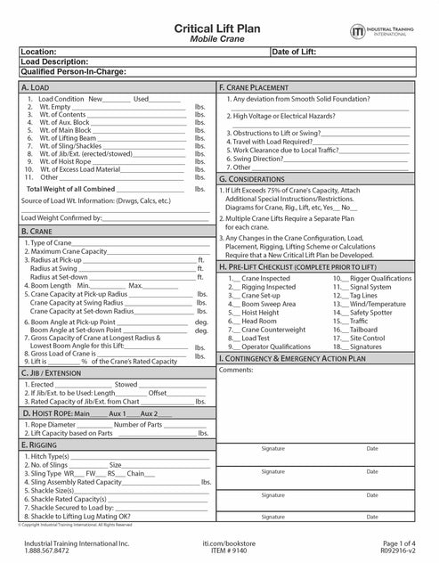 Critical Lift Plan - Mobile Crane (Four-page document) – ITI Bookstore